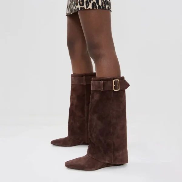 Women's Slope Heel Small Square Head Middle Boots Belt Buckle Sleeve Large Skirt Boots Calf Boots - Image 2