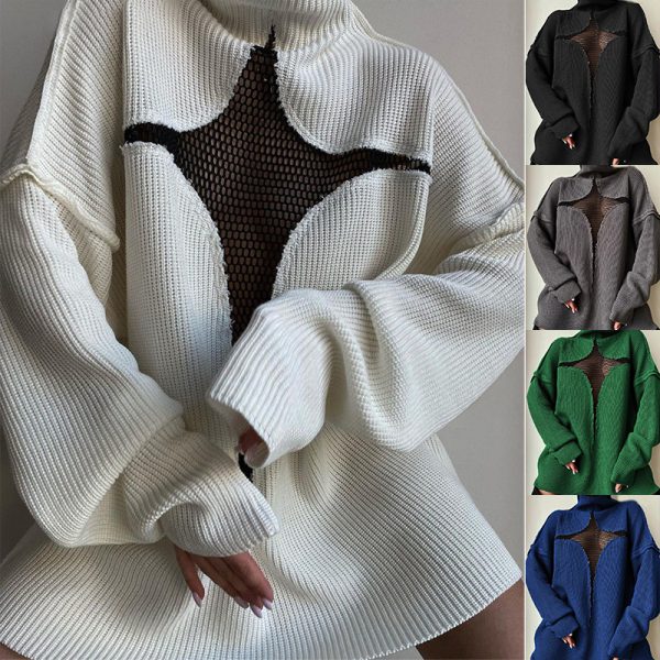 Hollow Out Cutout High Collar Knitted Sweater Pullover for Autumn Winter - Image 5