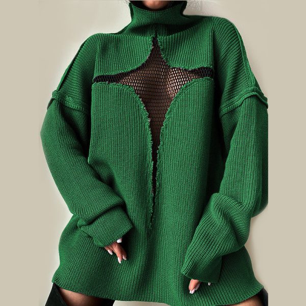 Hollow Out Cutout High Collar Knitted Sweater Pullover for Autumn Winter - Image 6