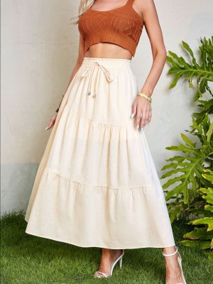 High Waist Long Skirt Solid Color Cotton Linen Elastic Waist Large Swing Draped Dress for Women