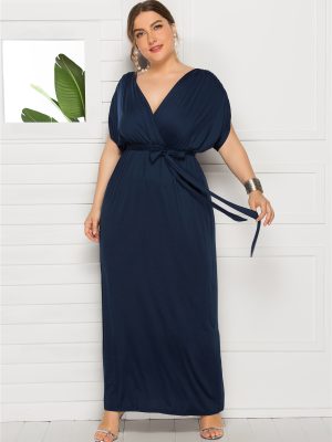 Sexy Plus Size V-Neck Dress – Loose Big Hem Solid Color