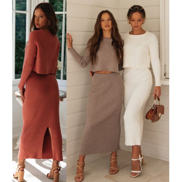 Women’s 3-Color Knitted Sweater Dress with Slit Maxi Design - Image 2