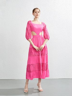 New French Summer Lace-Up Back Waist Sexy Long Dress