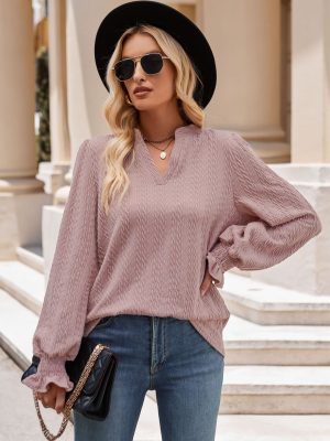 Autumn Winter Women’s Solid Color Knitted Jacquard Long-Sleeved Twist V-Neck T-Shirt