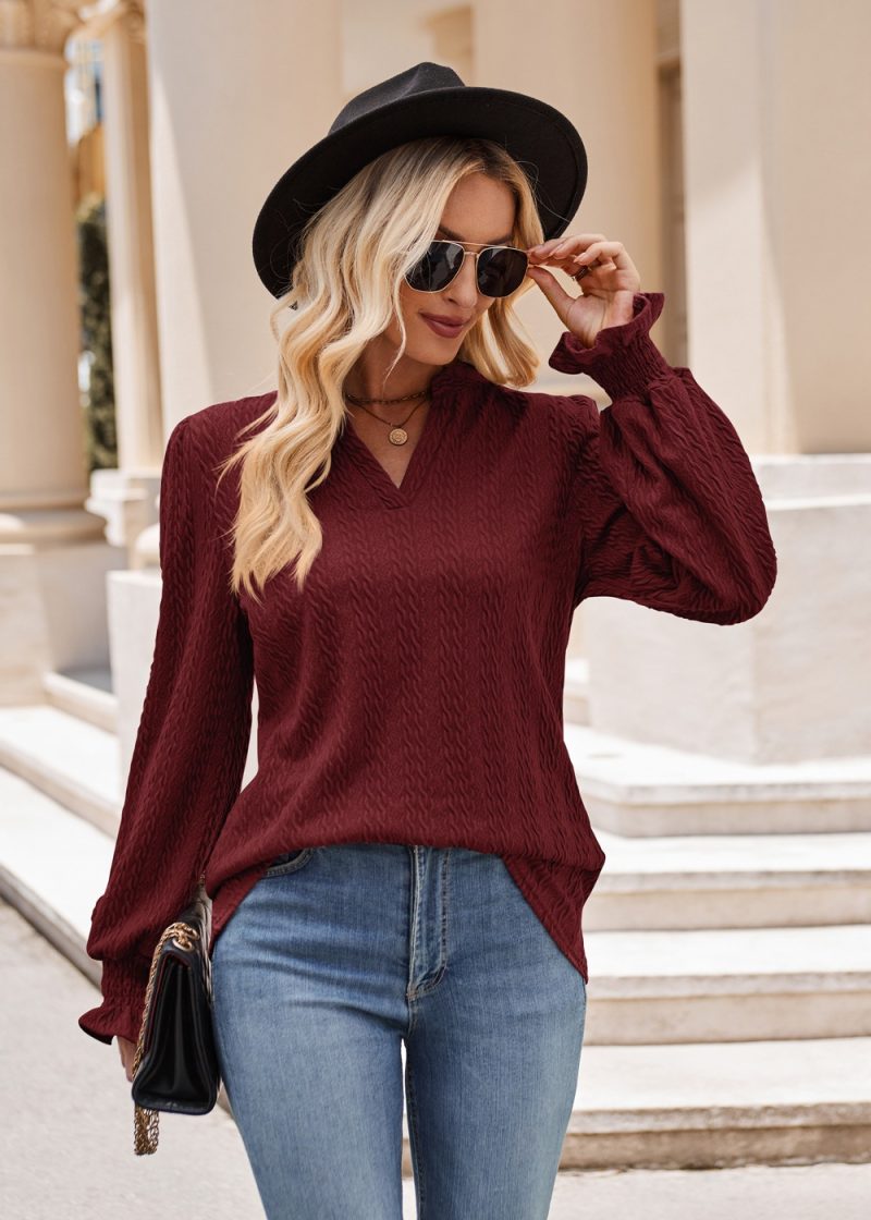 Autumn Winter Women’s Solid Color Knitted Jacquard Long-Sleeved Twist V-Neck T-Shirt - Image 11