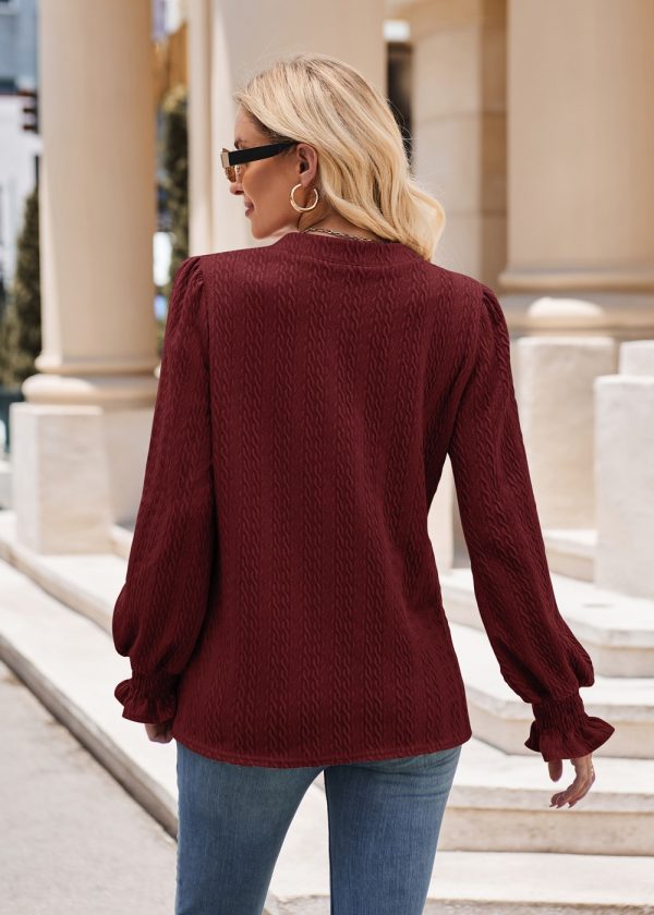 Autumn Winter Women’s Solid Color Knitted Jacquard Long-Sleeved Twist V-Neck T-Shirt - Image 12