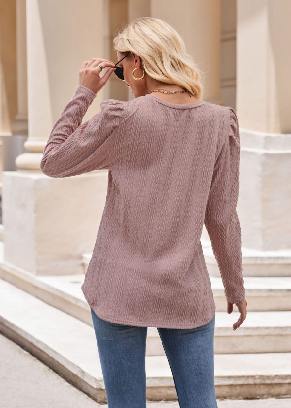 Women’s Round Neck Puff Sleeve Knitted Jacquard Solid Color Long Sleeve Twist Top - Image 2