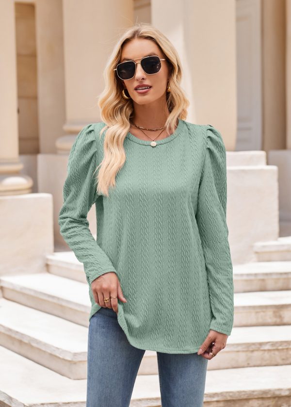 Women’s Round Neck Puff Sleeve Knitted Jacquard Solid Color Long Sleeve Twist Top - Image 3