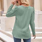 Women’s Round Neck Puff Sleeve Knitted Jacquard Solid Color Long Sleeve Twist Top - Image 4