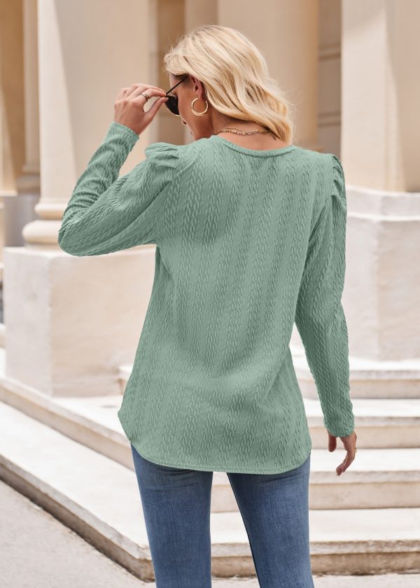 Women’s Round Neck Puff Sleeve Knitted Jacquard Solid Color Long Sleeve Twist Top - Image 4