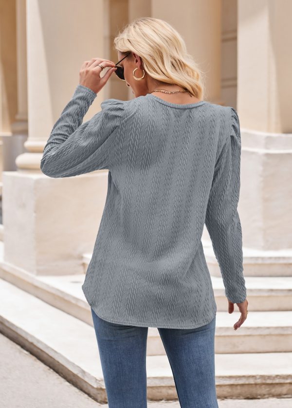 Women’s Round Neck Puff Sleeve Knitted Jacquard Solid Color Long Sleeve Twist Top - Image 6