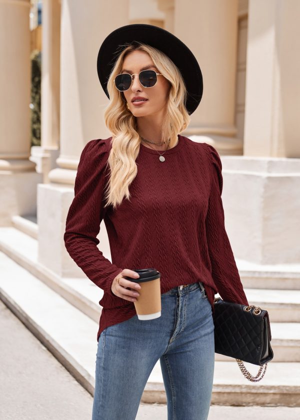 Women’s Round Neck Puff Sleeve Knitted Jacquard Solid Color Long Sleeve Twist Top - Image 7