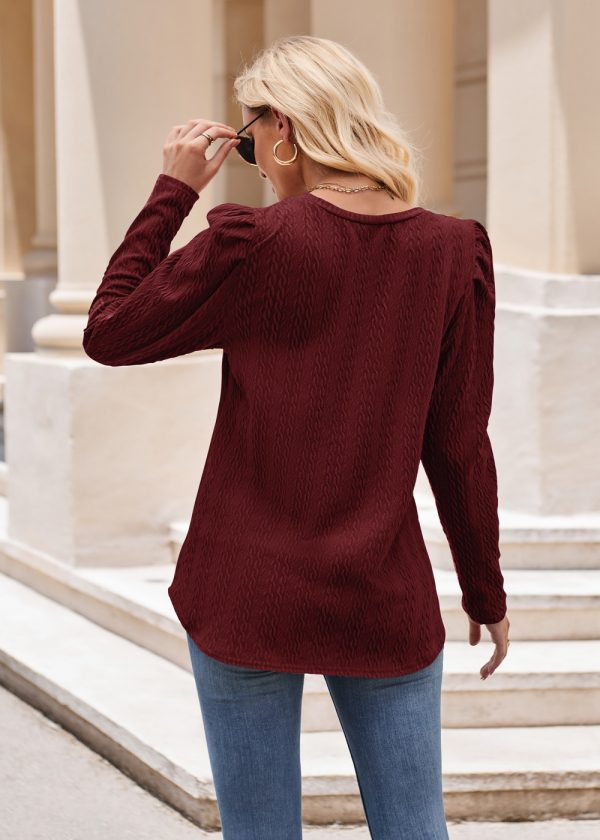 Women’s Round Neck Puff Sleeve Knitted Jacquard Solid Color Long Sleeve Twist Top - Image 8