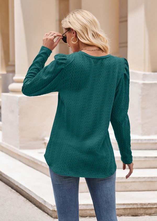 Women’s Round Neck Puff Sleeve Knitted Jacquard Solid Color Long Sleeve Twist Top - Image 10