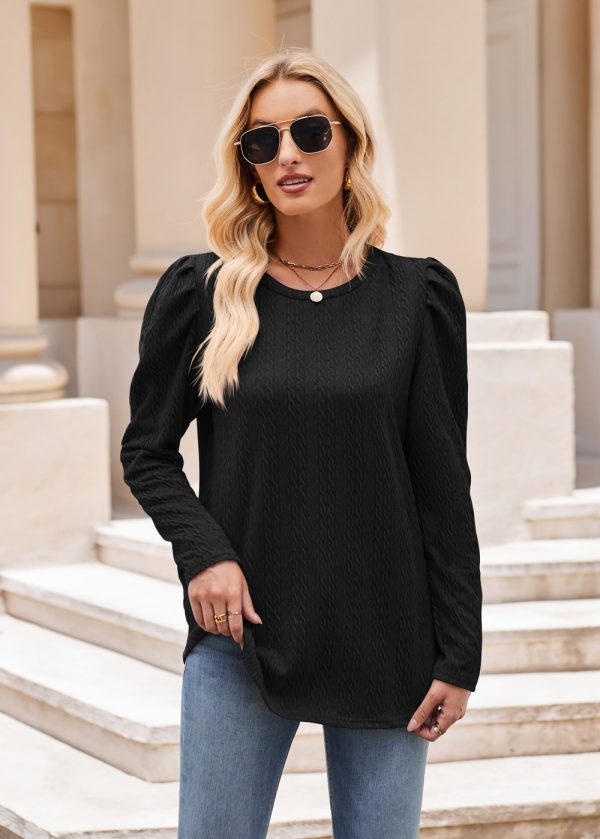 Women’s Round Neck Puff Sleeve Knitted Jacquard Solid Color Long Sleeve Twist Top - Image 12