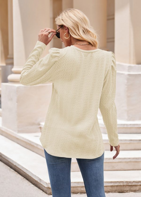 Women’s Round Neck Puff Sleeve Knitted Jacquard Solid Color Long Sleeve Twist Top - Image 13