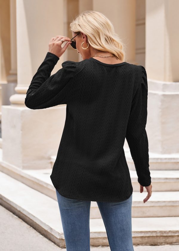 Women’s Round Neck Puff Sleeve Knitted Jacquard Solid Color Long Sleeve Twist Top - Image 14