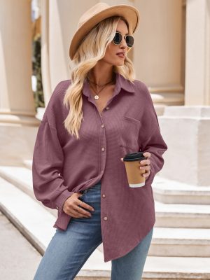 Women’s Autumn Winter Casual Loose Waffle Shirt with Pockets