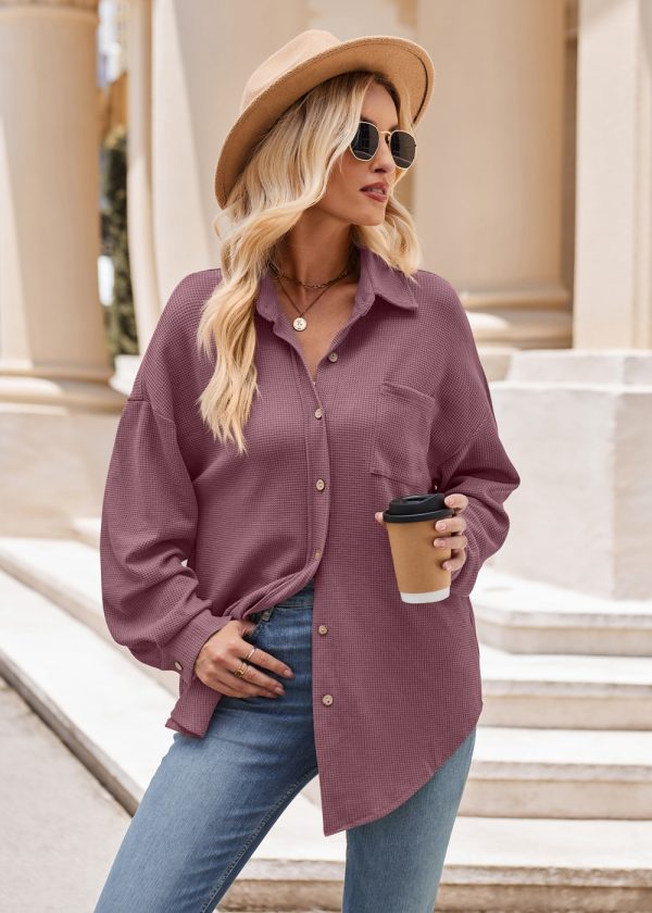 Women’s Autumn Winter Casual Loose Waffle Shirt with Pockets