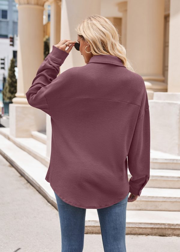 Women’s Autumn Winter Casual Loose Waffle Shirt with Pockets - Image 2