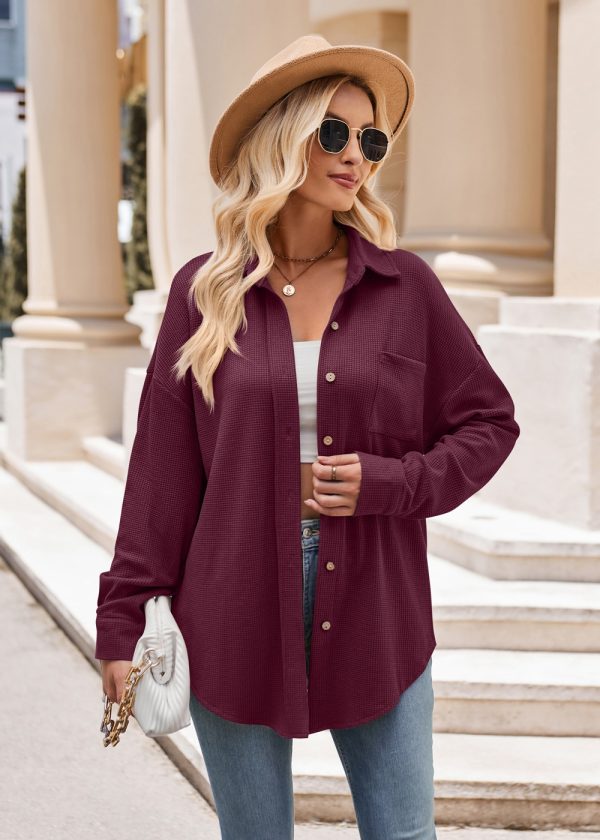 Women’s Autumn Winter Casual Loose Waffle Shirt with Pockets - Image 3