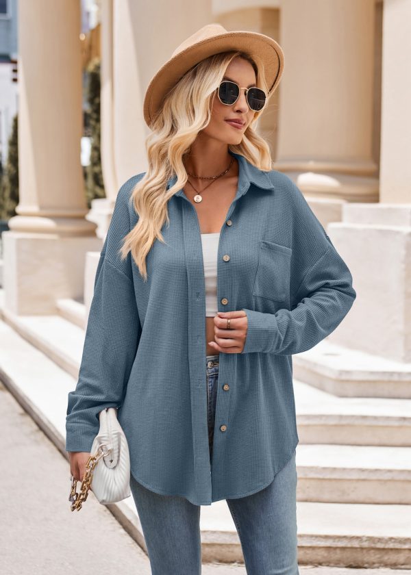 Women’s Autumn Winter Casual Loose Waffle Shirt with Pockets - Image 9