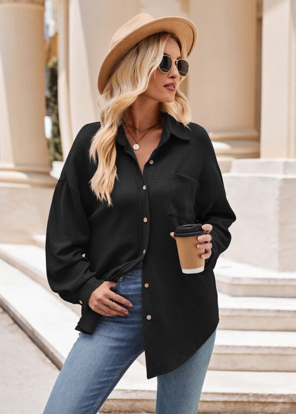 Women’s Autumn Winter Casual Loose Waffle Shirt with Pockets - Image 11