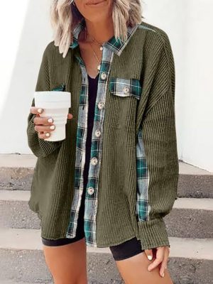 Women’s Autumn Winter Casual Loose Plaid Waffle Knitted Jacket