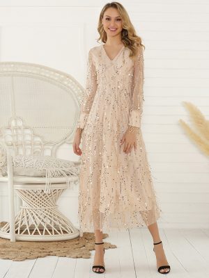 Autumn Winter Long Sleeve Sequin Tassel Full-Length Dress for Women