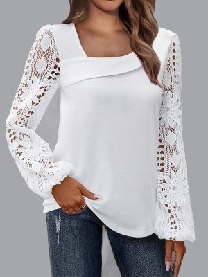 Women Clothing Spring Autumn Elegant Lace Stitching Sweater Al Matching Top