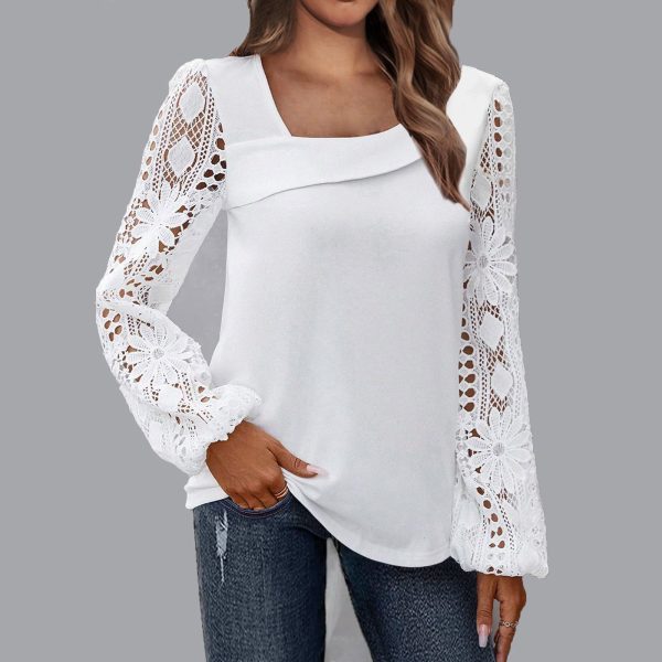 Women Clothing Spring Autumn Elegant Lace Stitching Sweater Al Matching Top