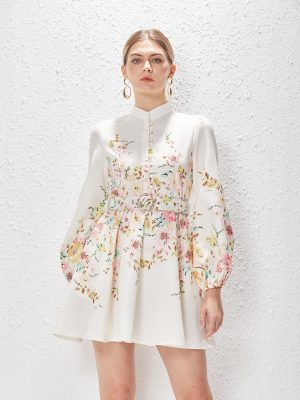 Single-Breasted Lantern Sleeve Printed Dress for Women