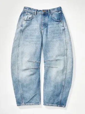 Casual Wide-Leg Loose Women’s Jeans with Mid-Low Waist and Washed Denim Finish