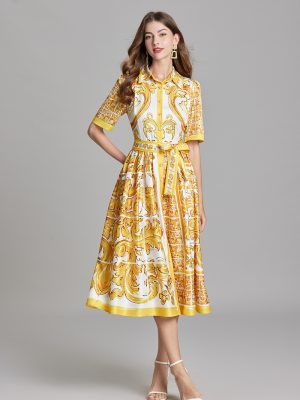 Women’s Summer Printed Belted A-Line Dress