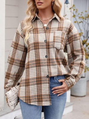 Autumn Winter Women’s Houndstooth Design Button Flannel Woolen Shirt