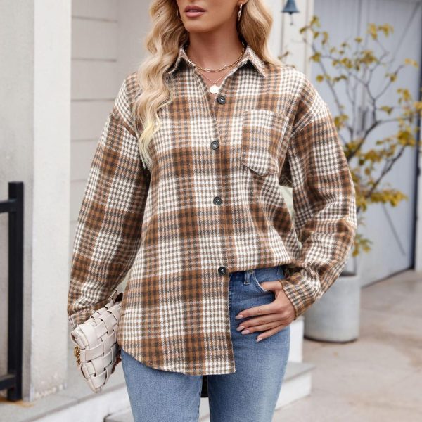 Autumn Winter Women’s Houndstooth Design Button Flannel Woolen Shirt