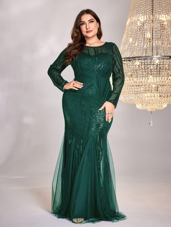 Plus Size Long Sleeve Round Neck Slim Fit Fishtail Evening Dress