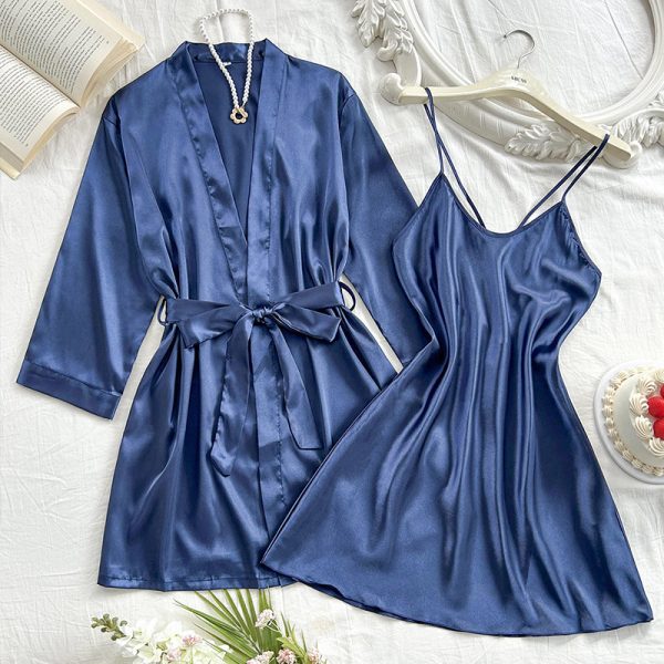 Simple Imitated Silk Pajamas & Nightgown Bathrobe for Women - Image 2