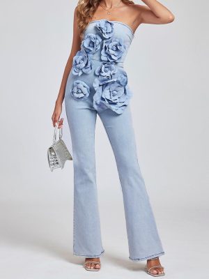 Women’s Sexy Flower Strapless Denim Romper