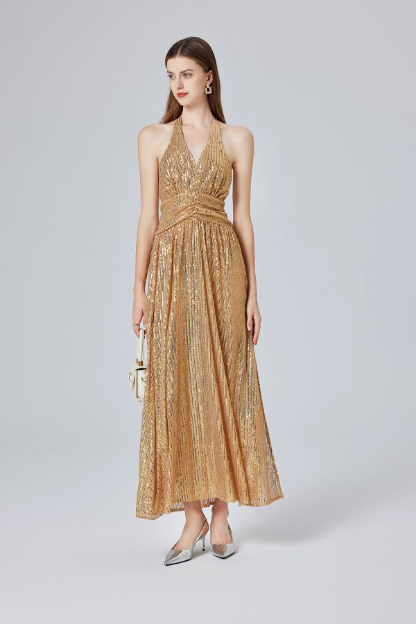 Women’s Gold Sequin Halter Backless Split A-Line Dress - Image 2