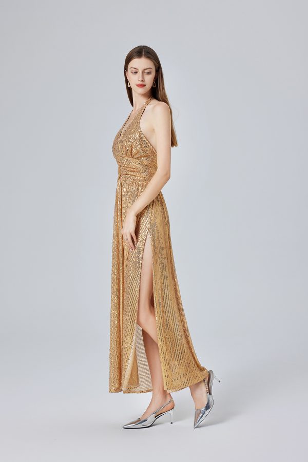 Women’s Gold Sequin Halter Backless Split A-Line Dress - Image 3