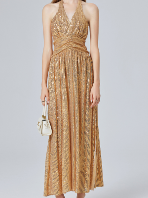 Women’s Gold Sequin Halter Backless Split A-Line Dress