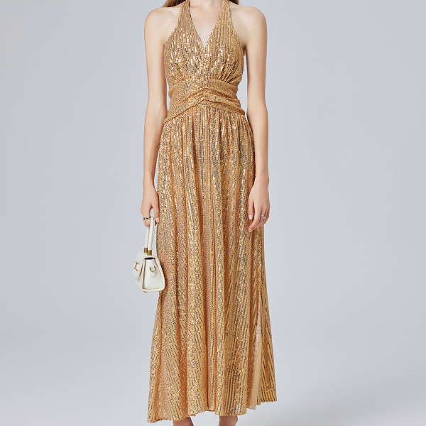 Women’s Gold Sequin Halter Backless Split A-Line Dress