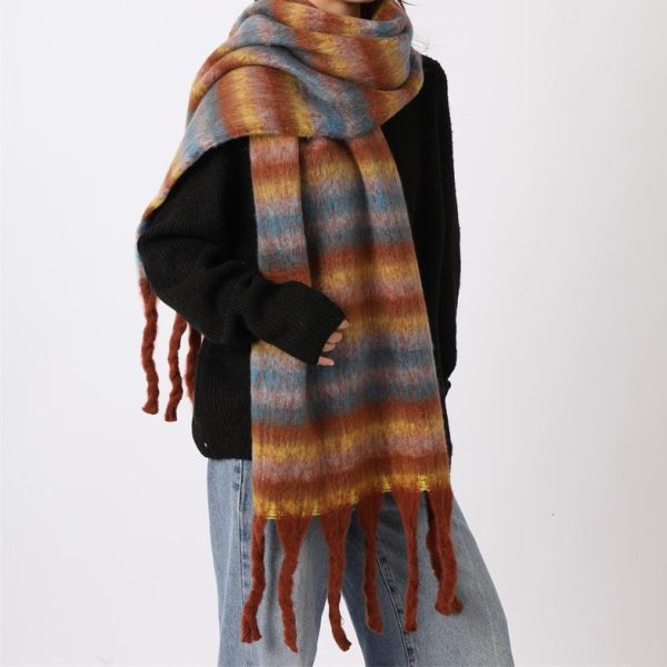 High-Grade Cashmere-Like Mohair Stripe Scarf for Women