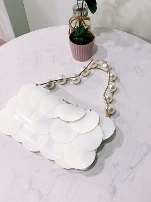 Handmade Pearl & Platinum Sequin Beaded Wafer Bag for Women