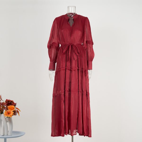 Multi-Layer Pleated Long Dress with Semi-Open Collar & Cinched Waist