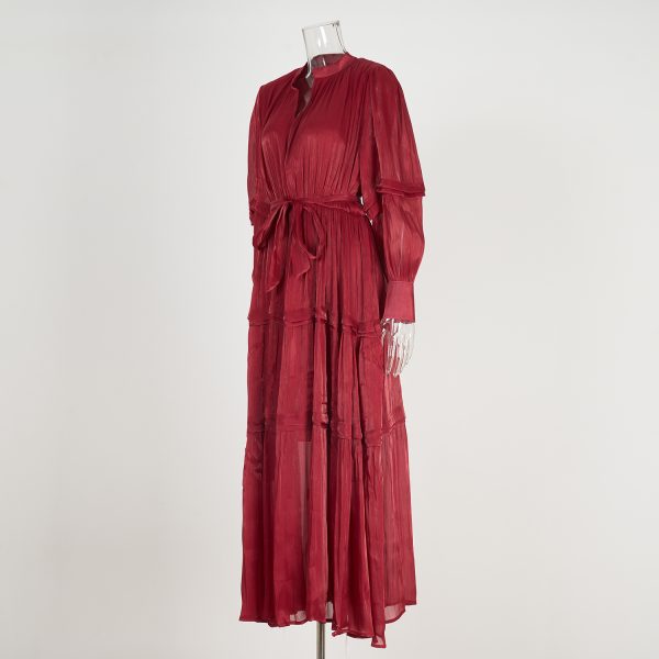 Multi-Layer Pleated Long Dress with Semi-Open Collar & Cinched Waist - Image 2