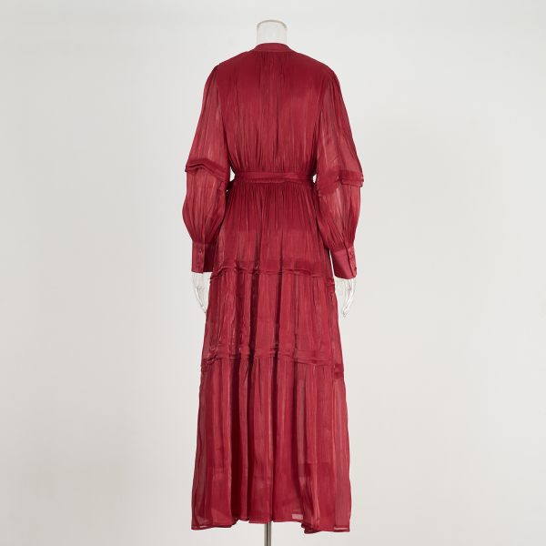 Multi-Layer Pleated Long Dress with Semi-Open Collar & Cinched Waist - Image 3