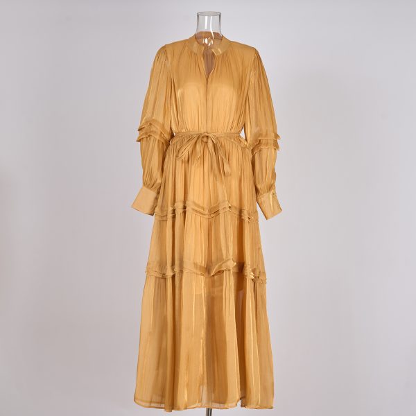 Multi-Layer Pleated Long Dress with Semi-Open Collar & Cinched Waist - Image 5