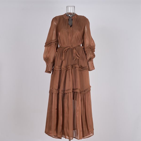 Multi-Layer Pleated Long Dress with Semi-Open Collar & Cinched Waist - Image 6